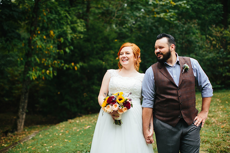 First Look Bride Lace Tulle Bridal Gown Multicoloured Bouquet Groom Dark Grey Pants Light Grey Shirt Custom Vest Creative Quirky Rustic Barn Wedding Tennessee http://www.alexbeephoto.com/