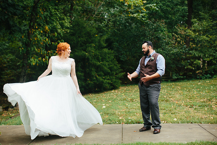 First Look Bride Lace Tulle Bridal Gown Groom Dark Grey Pants Light Grey Shirt Custom Vest Floral Buttonhole Creative Quirky Rustic Barn Wedding Tennessee http://www.alexbeephoto.com/