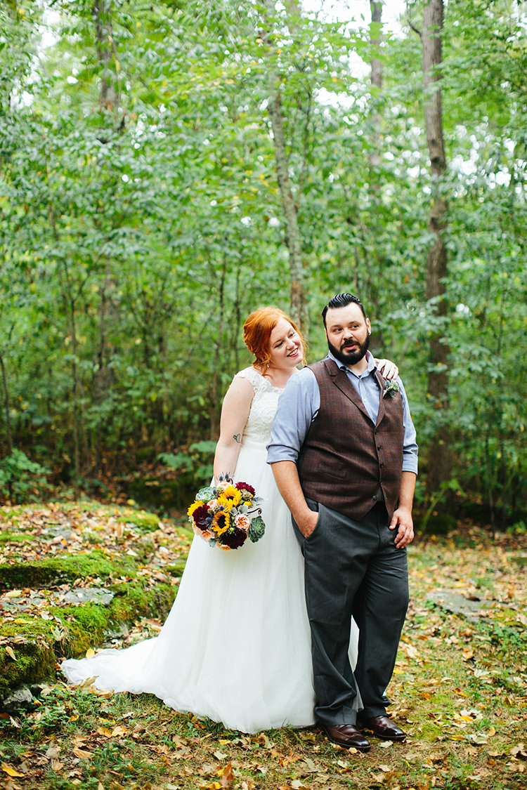 First Look Bride Lace Tulle Bridal Gown Multicoloured Bouquet Sunflowers Peonies Groom Dark Grey Pants Light Grey Shirt Custom Vest Creative Quirky Rustic Barn Wedding Tennessee http://www.alexbeephoto.com/