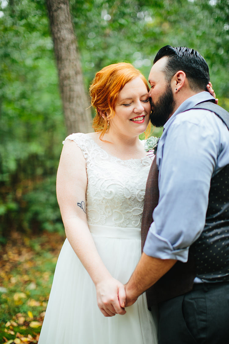 First Look Bride Lace Tulle Bridal Gown Groom Dark Grey Pants Light Grey Shirt Custom Vest Creative Quirky Rustic Barn Wedding Tennessee http://www.alexbeephoto.com/