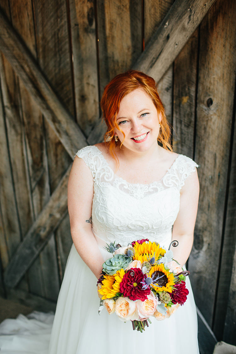 Bride Lace Tulle Bridal Gown Multicoloured Bouquet Sunflowers Peonies Succulents Creative Quirky Rustic Barn Wedding Tennessee http://www.alexbeephoto.com/