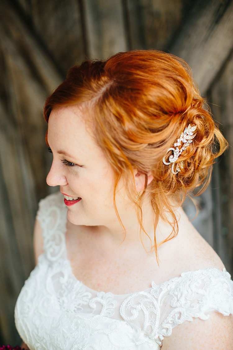 Bride Lace Tulle Bridal Gown Vintage Hairclips Red Lipstick Loose Curls Updo Hairstyle Creative Quirky Rustic Barn Wedding Tennessee http://www.alexbeephoto.com/
