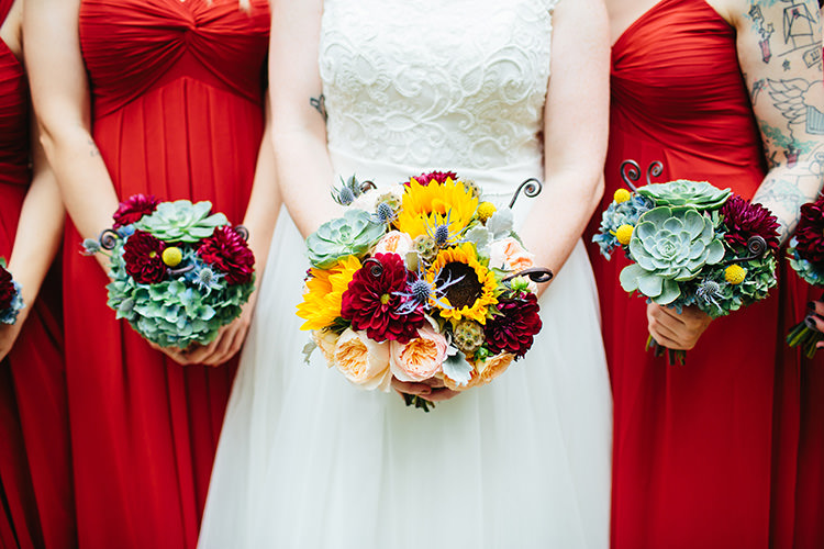 Bride Lace Tulle Bridal Gown Multicoloured Bouquet Sunflowers Succulents Peonies Bridesmaids Rust Long Dresses Bouquets Creative Quirky Rustic Barn Wedding Tennessee http://www.alexbeephoto.com/