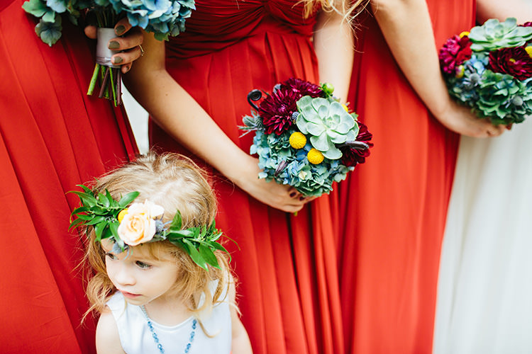Bridesmaids Rust Long Dresses Bouquets Succulents Maroon Florals Flower Girl White Dress Floral Crown Creative Quirky Rustic Barn Wedding Tennessee http://www.alexbeephoto.com/