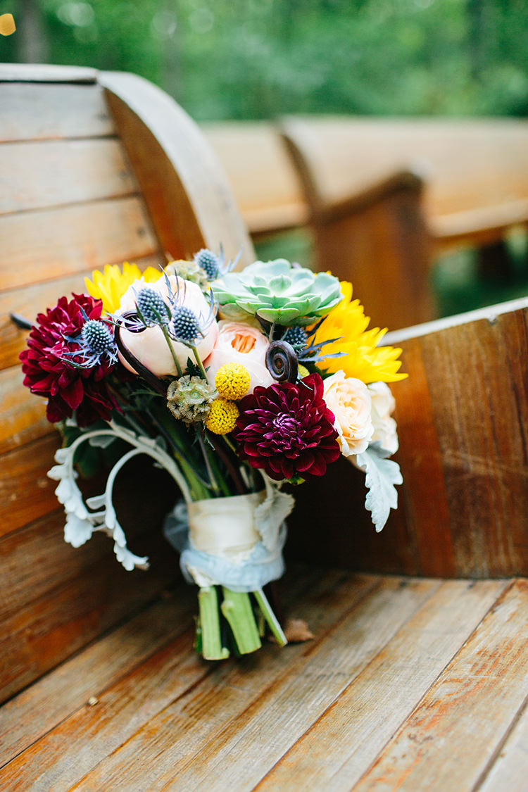 Bride Multicoloured Bouquet Thistle Succulents Roses Cream Ribbon Creative Quirky Rustic Barn Wedding Tennessee http://www.alexbeephoto.com/