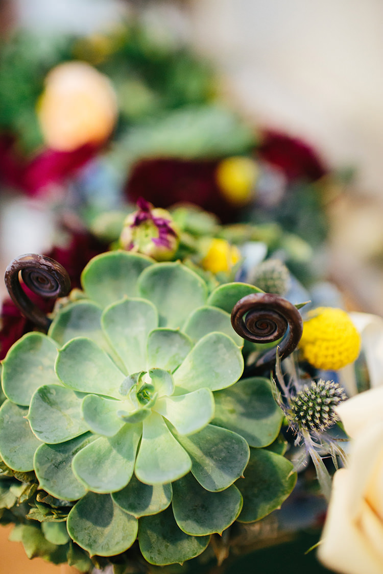 Multicoloured Bouquet Succulents Thistle Maroon Florals Creative Quirky Rustic Barn Wedding Tennessee http://www.alexbeephoto.com/
