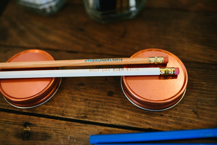 Reception Guest Favours Custom Made Pencils Copper Jar Lids Creative Quirky Rustic Barn Wedding Tennessee http://www.alexbeephoto.com/