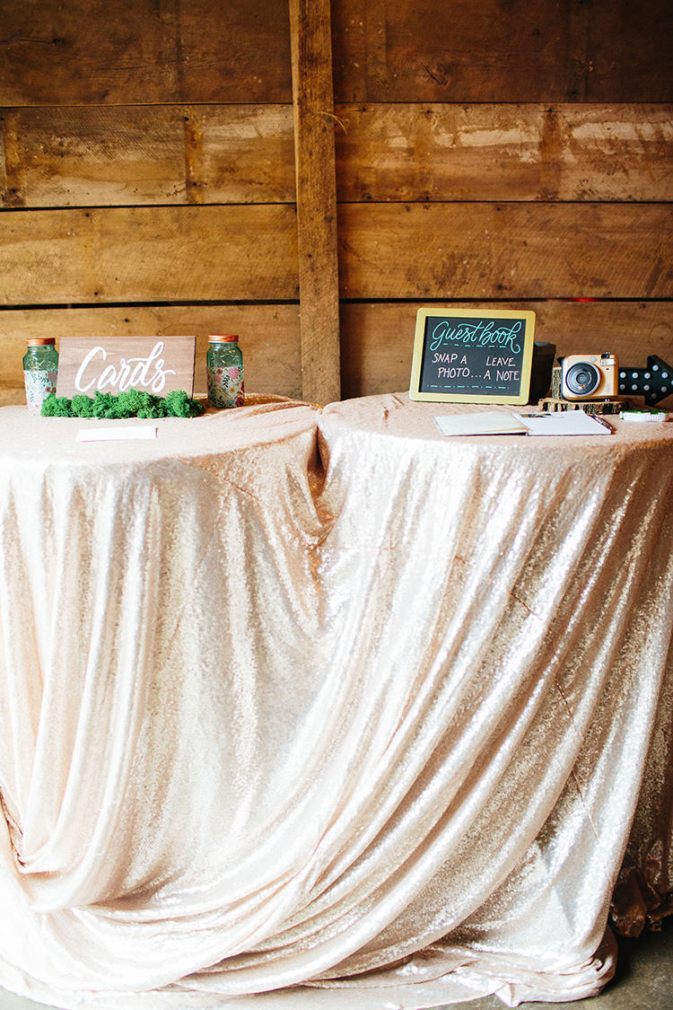 Guestbook Card Tables Wooden Sign Blackboard Sign Jars Polaroid Camera Sequin Tablecloths Creative Quirky Rustic Barn Wedding Tennessee http://www.alexbeephoto.com/