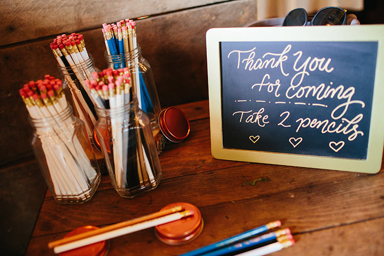 Reception Guest Favours Custom Made Pencils Blackboard Sign Creative Quirky Rustic Barn Wedding Tennessee http://www.alexbeephoto.com/