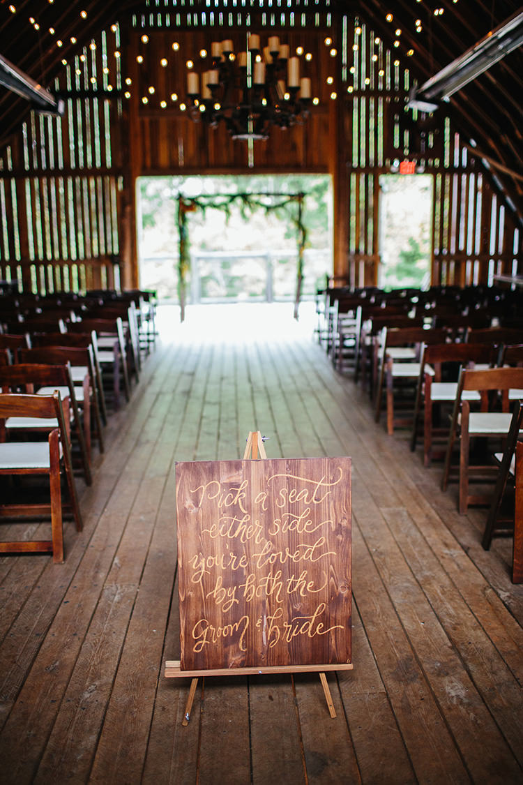 Wooden Barn Ceremony Welcome Sign Fairy Lights Wooden Chairs Floral Arch Creative Quirky Rustic Barn Wedding Tennessee http://www.alexbeephoto.com/