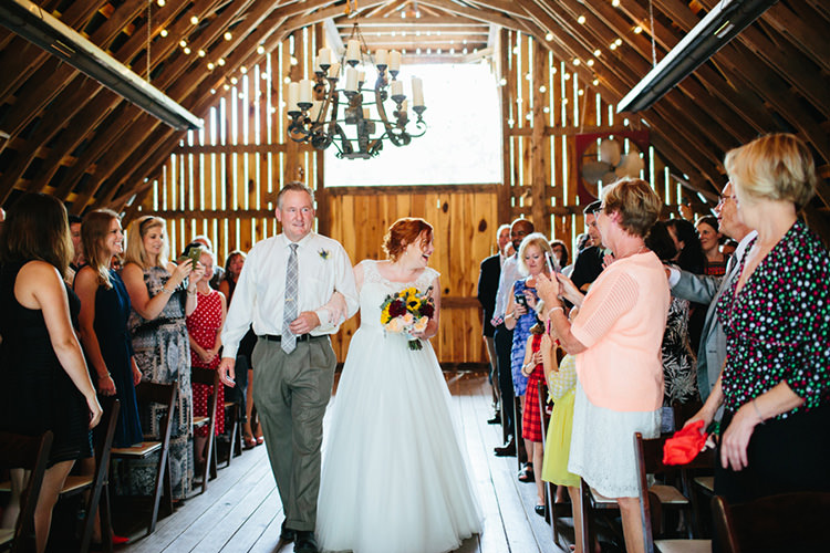Indoor Barn Ceremony Bride Lace Tulle Bridal Gown Multicoloured Bouquet Father Entrance Guests Fairy Lights Creative Quirky Rustic Barn Wedding Tennessee http://www.alexbeephoto.com/
