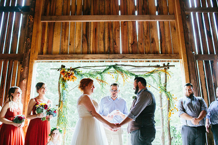 Indoor Barn Ceremony Bride Lace Tulle Bridal Gown Groom Light Grey Shirt Custom Vest Floral Arch Celebrant Bridesmaids Groomsmen Creative Quirky Rustic Barn Wedding Tennessee http://www.alexbeephoto.com/