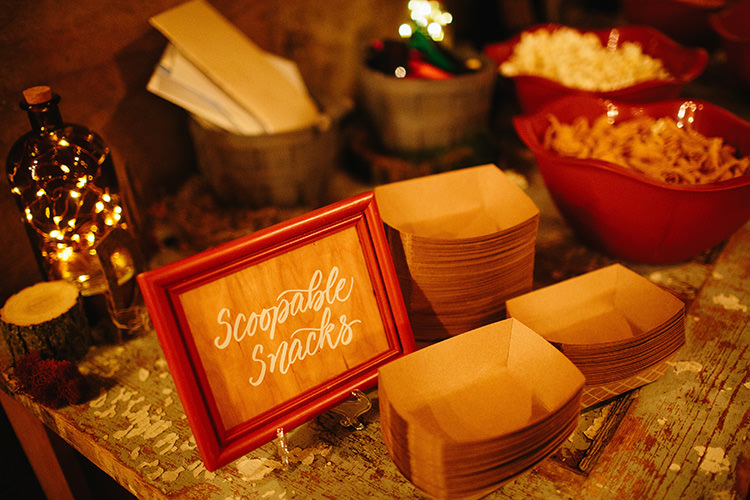 Reception Scoopable Snacks Station Wooden Sign Fairy Lights Bottle Creative Quirky Rustic Barn Wedding Tennessee http://www.alexbeephoto.com/
