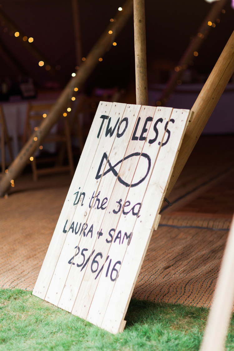 Sign Rustic Wooden Palleet Two Less Fish In The Sea Beautifully Romantic Eclectic Tipi Wedding http://www.jobradbury.co.uk/