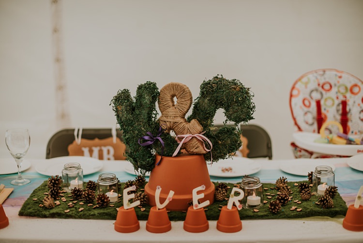 Moss Letters Pots Decor Pine Cones Creative Woodland Mad Hatters Tea Party Wedding https://www.clairefleckphotography.com/