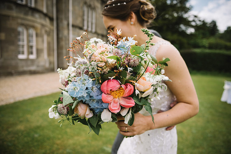 Bride Bridal Bouquet Peony Hydrangea Pink Blue Greenery Scenic Outdoor Loch Lomond Wedding http://www.lisadevinephotography.co.uk/