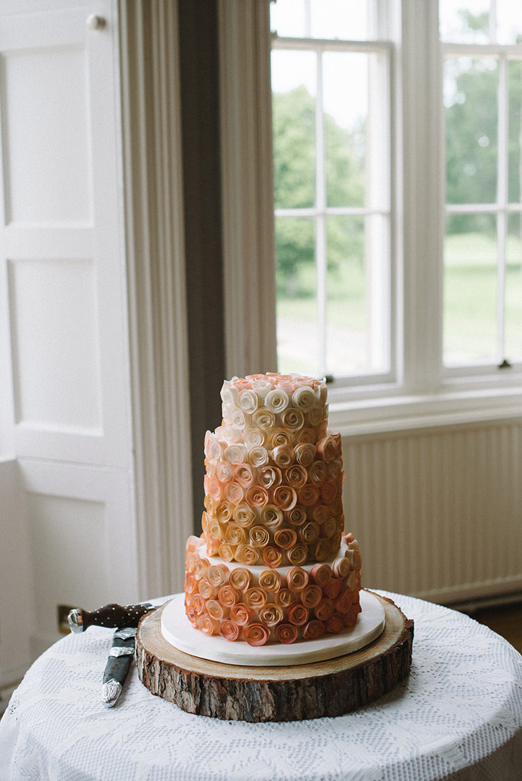 Cake Table Wood Slice Icing Rose Scenic Outdoor Loch Lomond Wedding http://www.lisadevinephotography.co.uk/