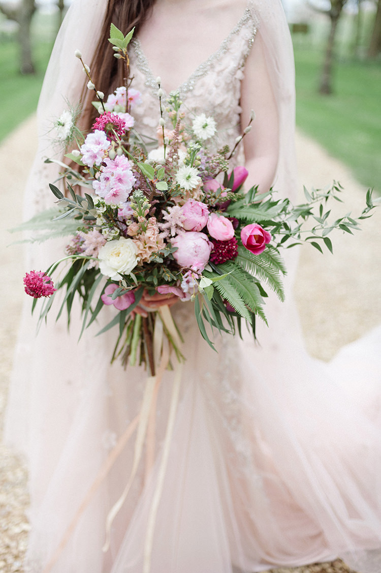 Flowers Bouquet Brida Bridal Pink Fern Peony Peonies Wild Natural Organic Whimsical Cherry Blossom Soft Spring Wedding Ideas http://www.photographybybea.co.uk/