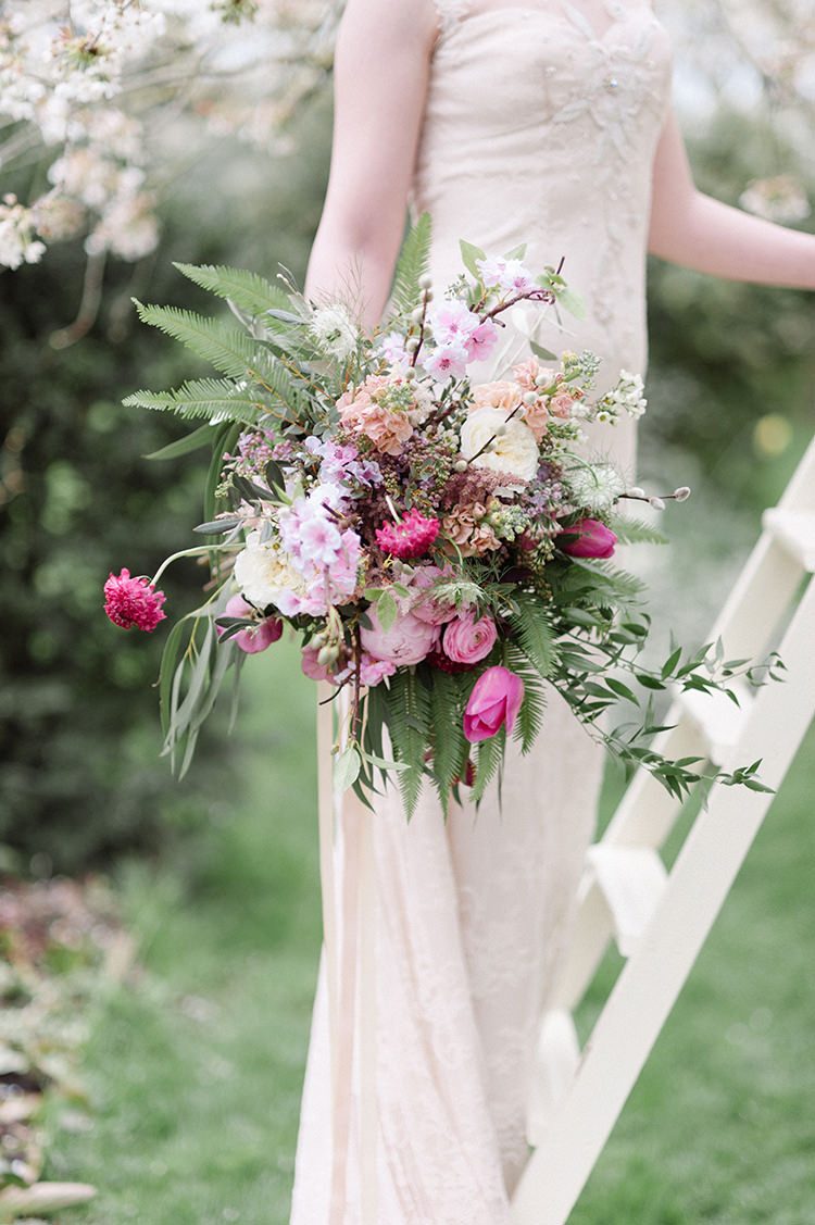 Flowers Bouquet Brida Bridal Pink Fern Peony Peonies Wild Natural Organic Whimsical Cherry Blossom Soft Spring Wedding Ideas http://www.photographybybea.co.uk/