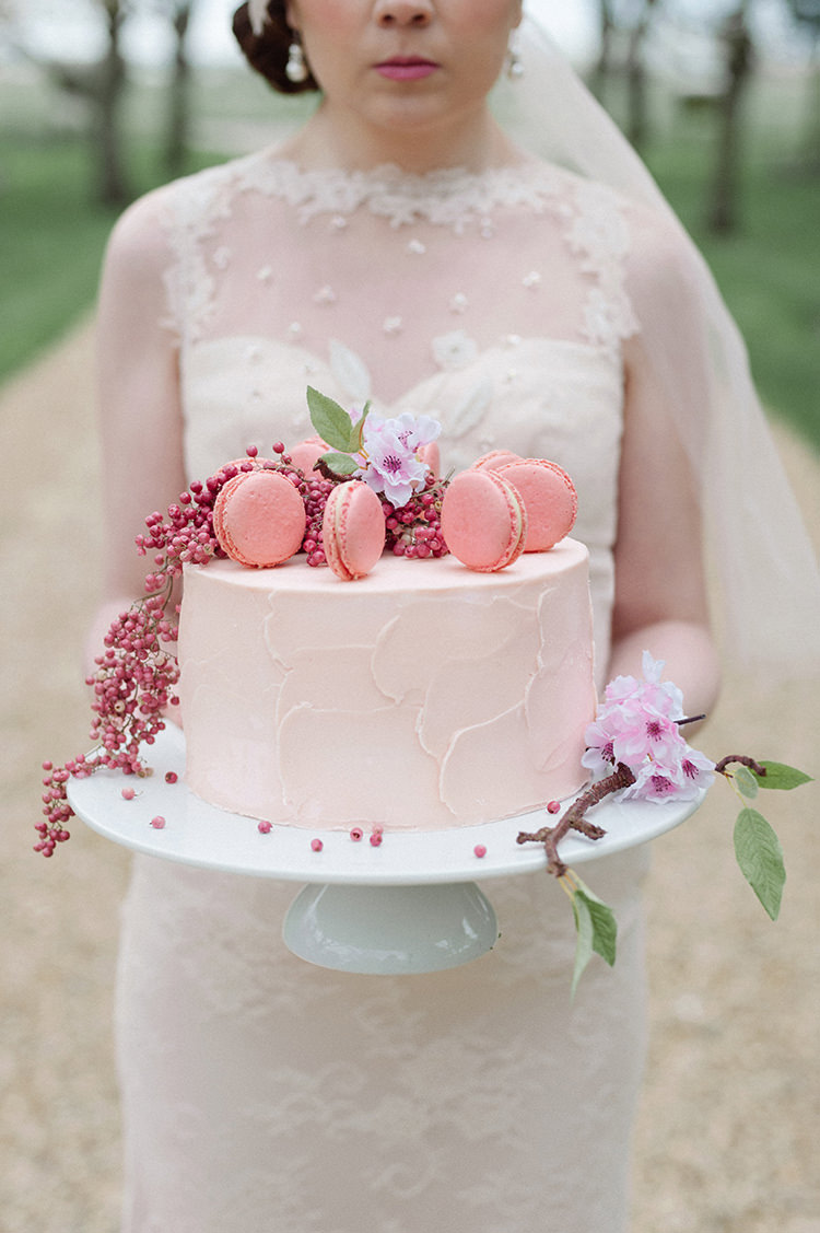 Cake Iced Buttercream Pink Macaron Berries Flowers Cherry Blossom Soft Spring Wedding Ideas http://www.photographybybea.co.uk/