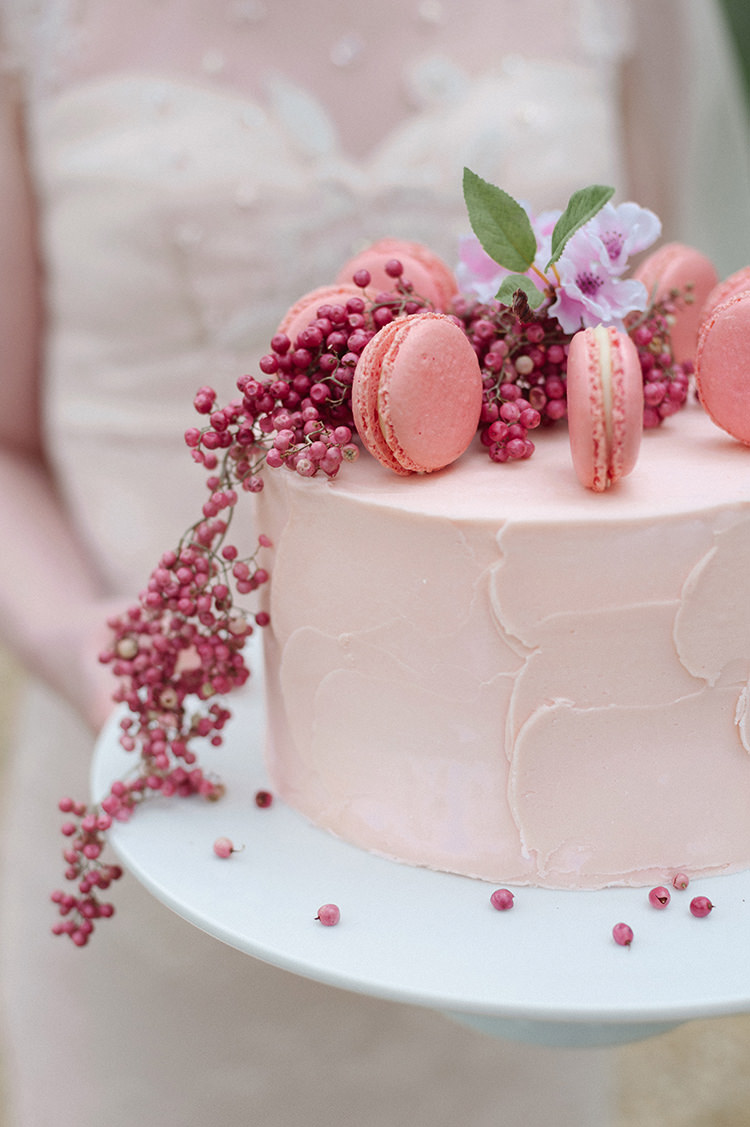 Cake Iced Buttercream Pink Macaron Berries Flowers Cherry Blossom Soft Spring Wedding Ideas http://www.photographybybea.co.uk/