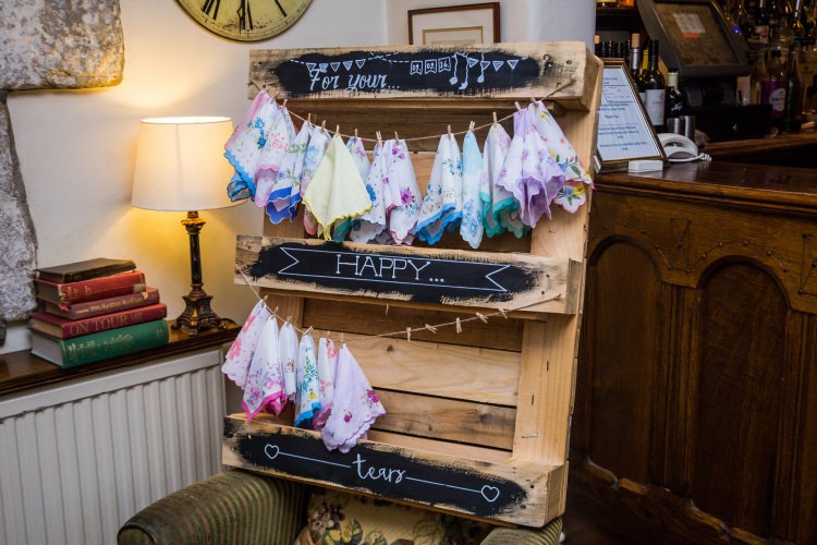Decor Detail Handkerchiefs Hankies Happy Tears Pallet Pretty Quirky Pastel Wedding http://www.happilyevercaptured.com/