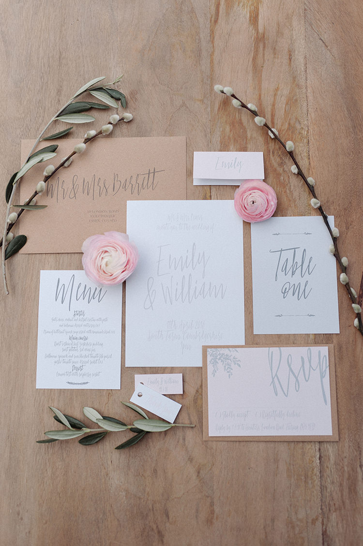 Calligraphy Stationery Invtiations Whimsical Word Lettering Grey Cherry Blossom Soft Spring Wedding Ideas http://www.photographybybea.co.uk/