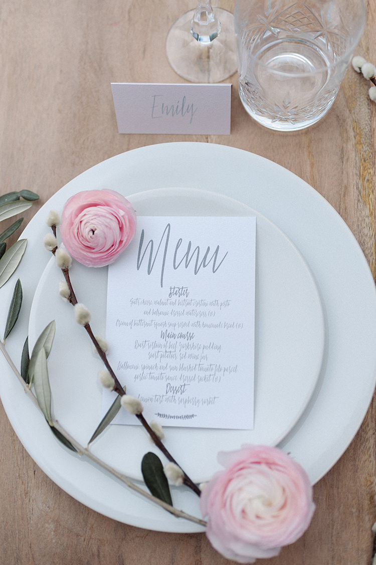 Calligraphy Stationery Invtiations Whimsical Word Lettering Grey Place Setting Cherry Blossom Soft Spring Wedding Ideas http://www.photographybybea.co.uk/