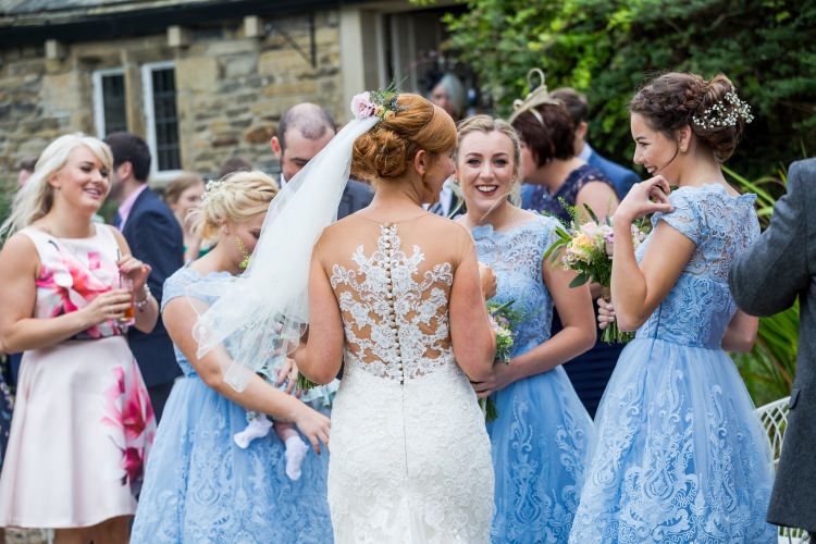 Bride Bridal Gown Dress Back Detail Fishtail Pronovias Bridesmaids Chi Chi London Blue Tea Length Lace Pretty Quirky Pastel Wedding http://www.happilyevercaptured.com/