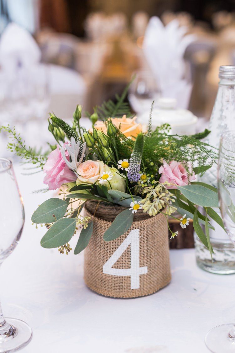 Table Number Centre Rose Eucalyptus Daisy Fern Hessian Jar Pretty Quirky Pastel Wedding http://www.happilyevercaptured.com/