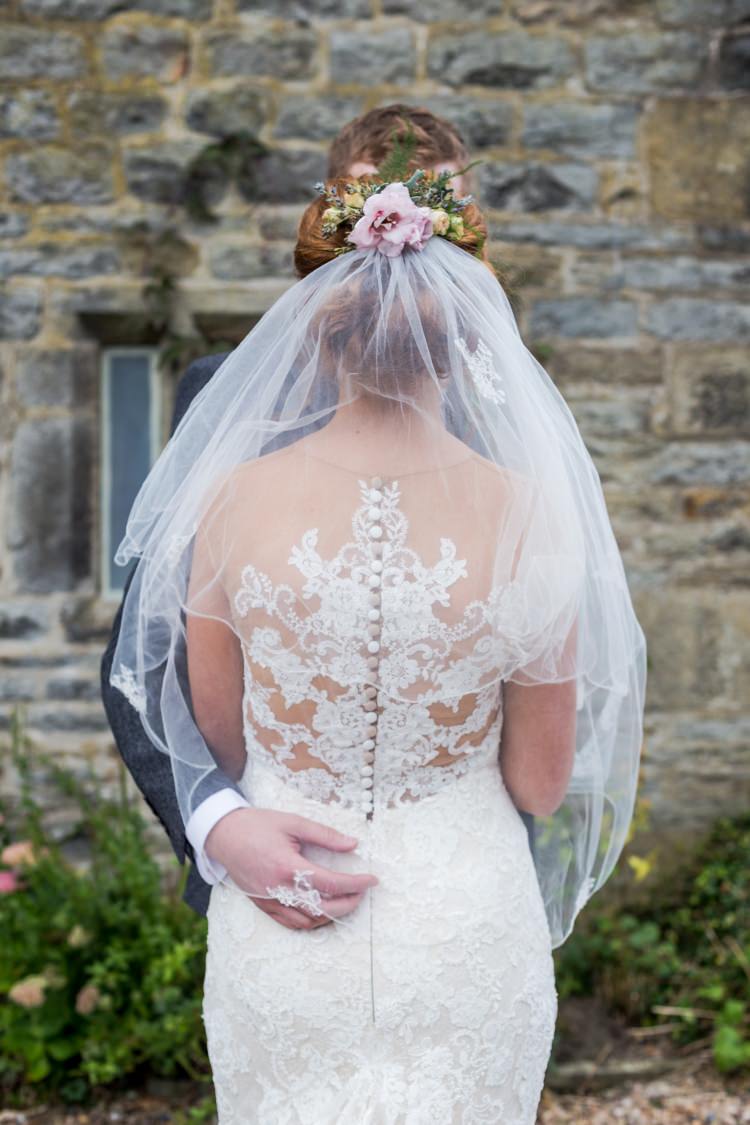 Bride Bridal Pronovias Dress Gown Lace Illusion Back Detail Veil Floral Hairpiece Pretty Quirky Pastel Wedding http://www.happilyevercaptured.com/
