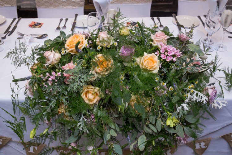 Top Table Floral Arrangement Orange Rose Fern Eucalyptus Greenery Pretty Quirky Pastel Wedding http://www.happilyevercaptured.com/