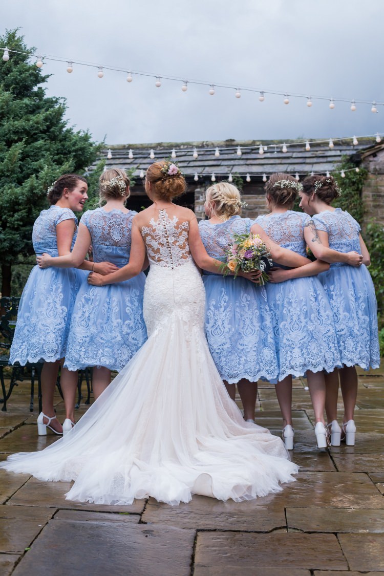 Bride Bridal Gown Dress Back Detail Fishtail Pronovias Bridesmaids Chi Chi London Blue Tea Length Lace Pretty Quirky Pastel Wedding http://www.happilyevercaptured.com/
