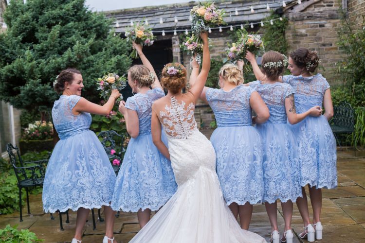 Bride Bridal Gown Dress Back Detail Fishtail Pronovias Bridesmaids Chi Chi London Blue Tea Length Lace Pretty Quirky Pastel Wedding http://www.happilyevercaptured.com/