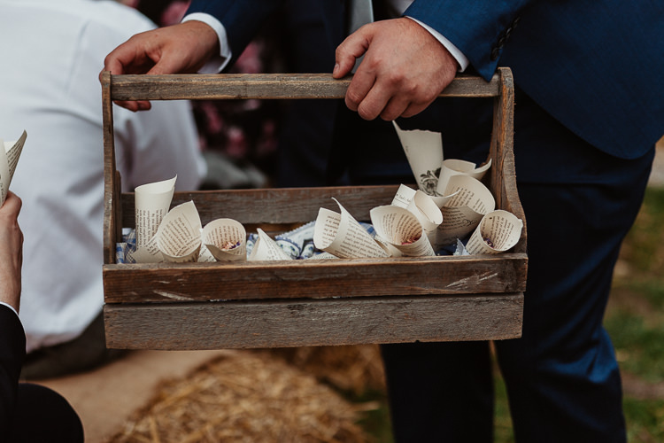 Confetti Cone Crate Paper Book Beautifully Relaxed Outdoorsy Barn Wedding http://www.caitlinandjones.co.uk/ 