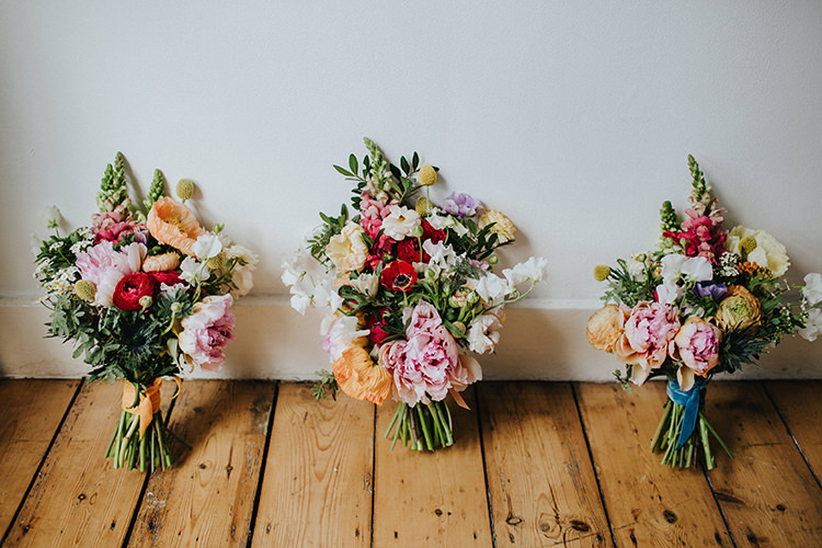 Bouquets Flowers Colourful Bride Bridal Bridesmaids PEony Poppy Sweet Pea Casual City Stylish Pub Wedding http://www.ireneyapweddings.com/