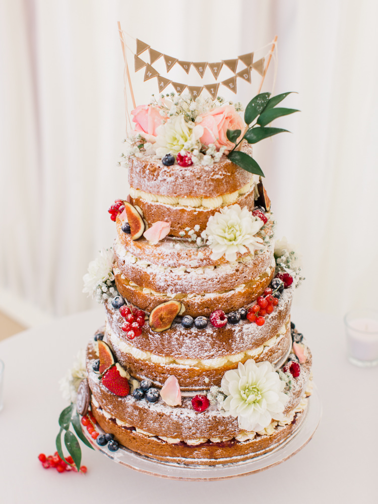 Naked Cake Sponge Layer Fruit Flowers Bunting Whimsical Luxury Summer Garden Party Wedding https://www.wookiephotography.com/
