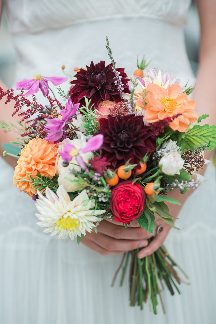 Bouquet Flowers Autumn Dahlias Roses Astilbe Red Pink Orange Intimate Elegant Two Day City Wedding http://siobhanhphotography.com/