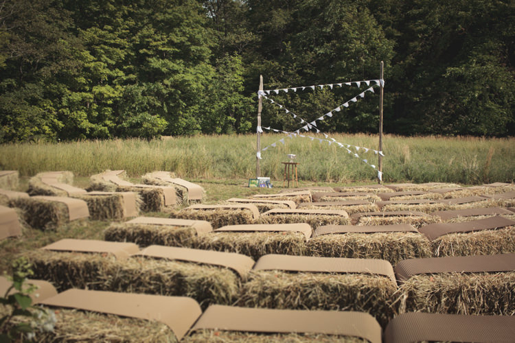Hay Bales Seating Arch Bunting Ceremony Outdoor Casual Country Farm Wedding Ontario https://tiedphotography.com/