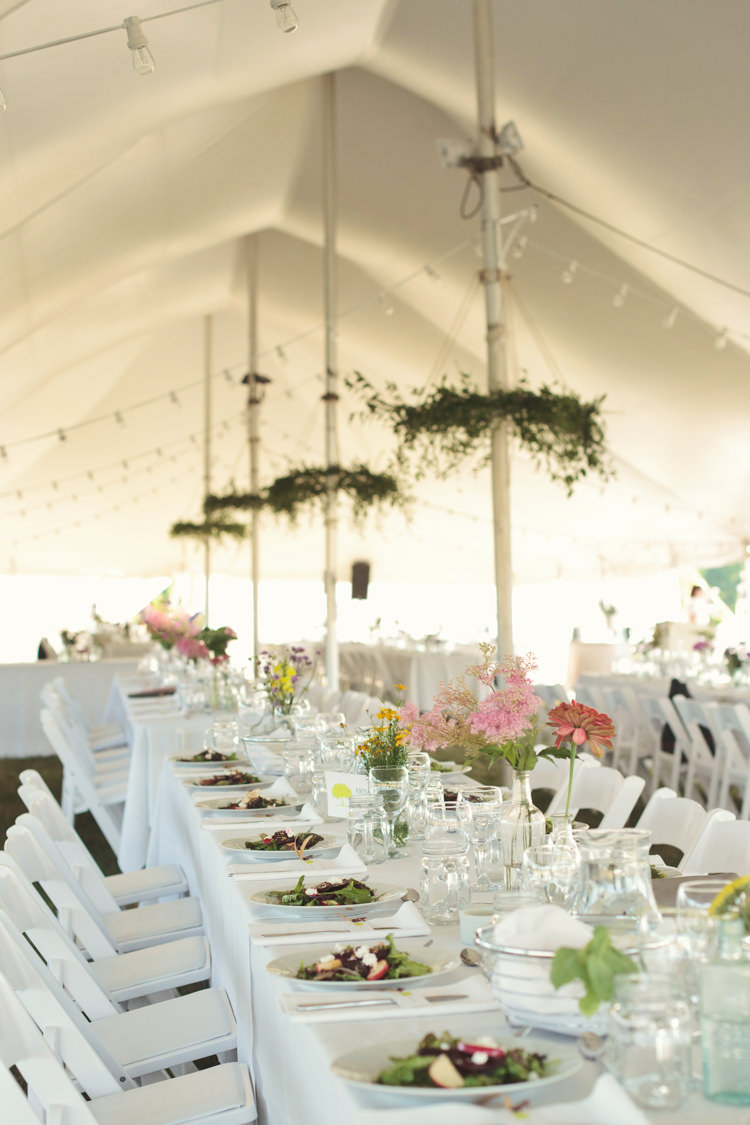 Marquee Festoon Lights Long Tables Flowers Casual Country Farm Wedding Ontario https://tiedphotography.com/