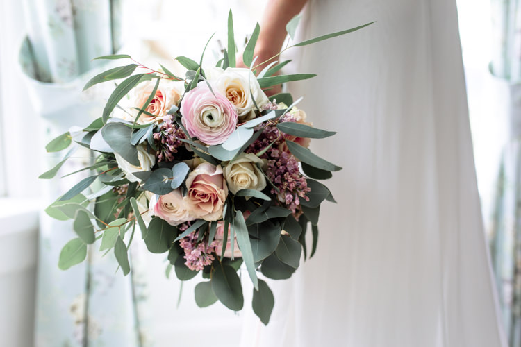 Eucalyptus Rose Ranunculus Bouquet Ribbon Flowers Bride Bridal Pretty Soft Country Garden Pastel Wedding Ideas https://www.ellielouphotography.co.uk/