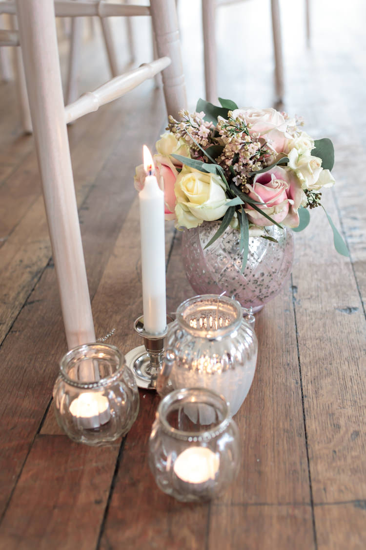 Candles Flowers Pew End Aisle Floor Decor Ceremony Pretty Soft Country Garden Pastel Wedding Ideas https://www.ellielouphotography.co.uk/