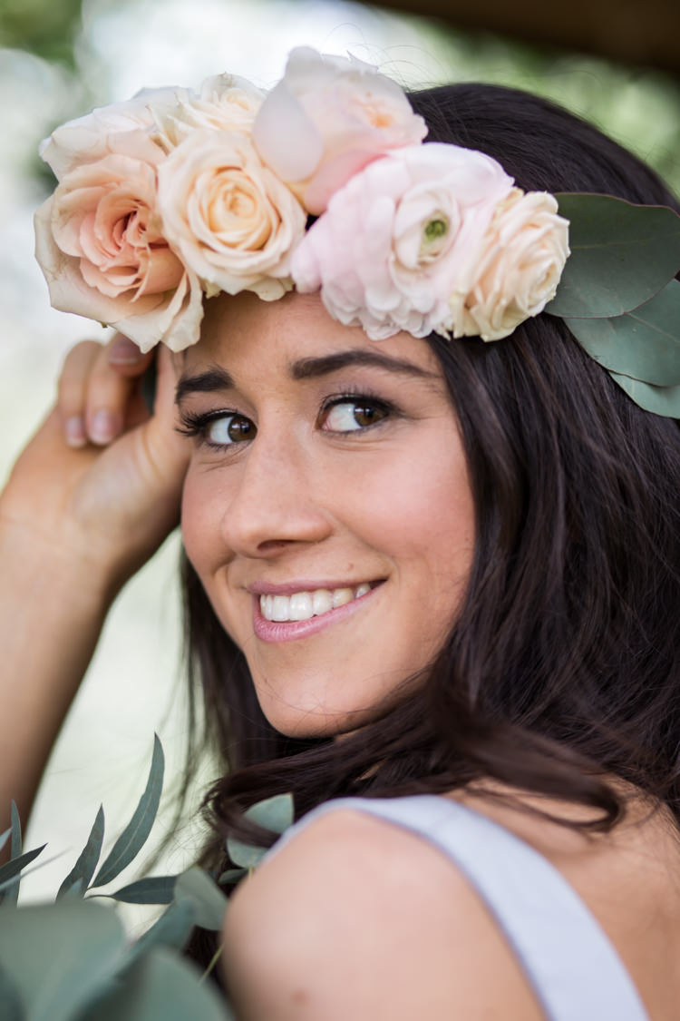 Eucalyptus Rose Ranunculus Crown Headdress Ribbon Flowers Bride Bridal Pretty Soft Country Garden Pastel Wedding Ideas https://www.ellielouphotography.co.uk/