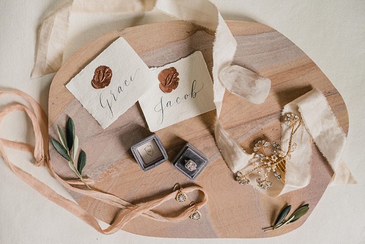 Calligraphy Place Name Ring Box Jewellery Bridal Flat Lay Modern Botanical Copper Geometric Wedding Ideas http://hannahmcclunephotography.com/