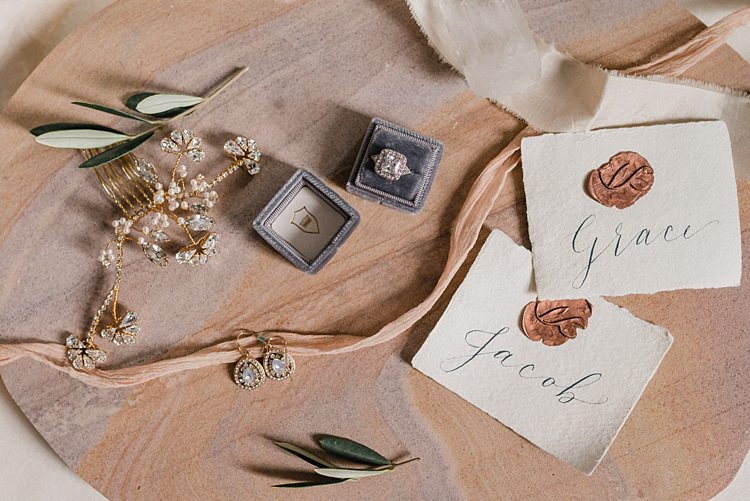 Calligraphy Place Name Ring Box Jewellery Bridal Flat Lay Modern Botanical Copper Geometric Wedding Ideas http://hannahmcclunephotography.com/