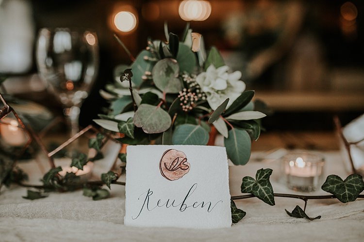Calligraphy Place Name Card Modern Botanical Copper Geometric Wedding Ideas http://lolarosephotography.com/