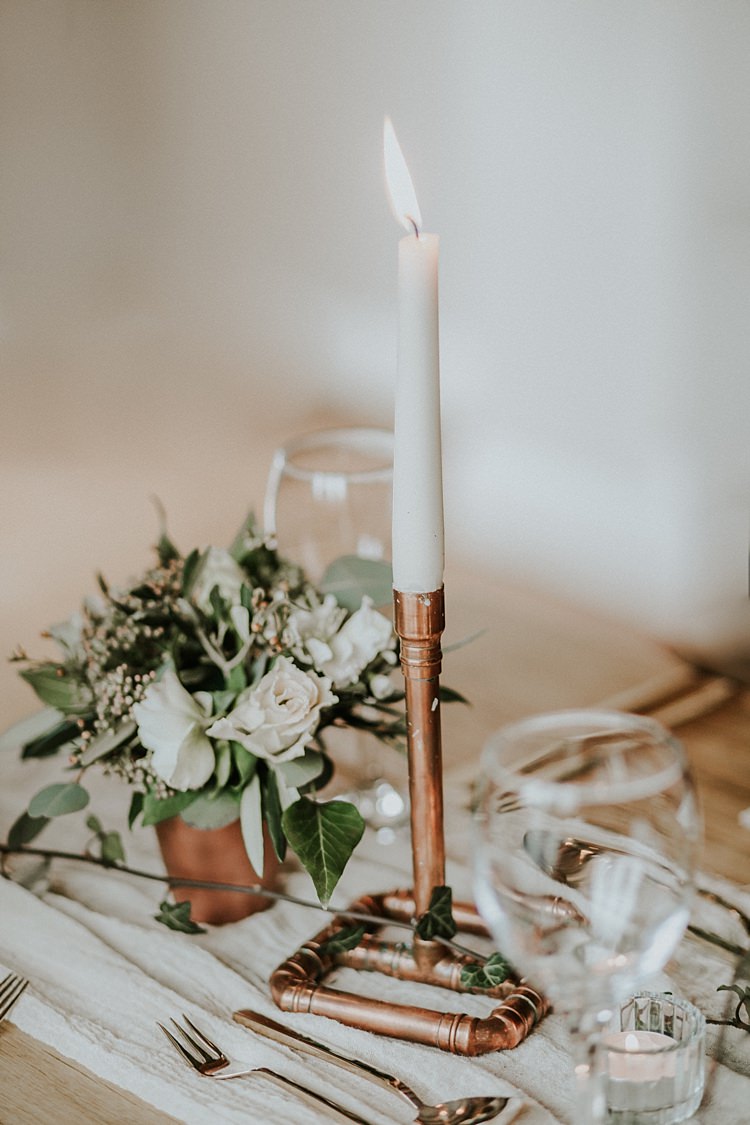 Pipe Candle Stick Lighting Decor Modern Botanical Copper Geometric Wedding Ideas http://lolarosephotography.com/