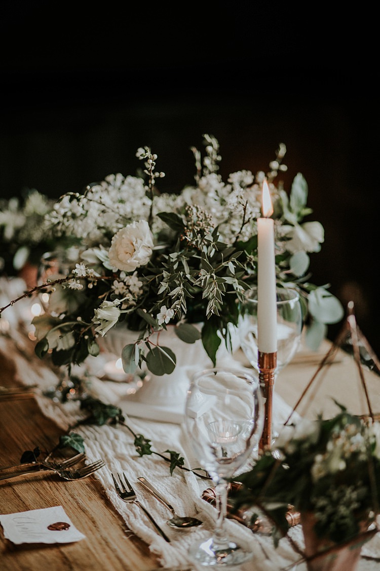 Urn Flowers Centrepiece Decor Greenery Foliage Modern Botanical Copper Geometric Wedding Ideas http://lolarosephotography.com/