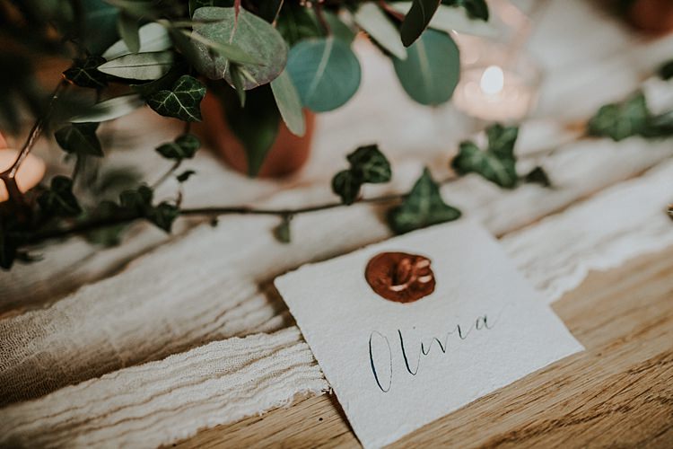 Calligraphy Place Name Card Modern Botanical Copper Geometric Wedding Ideas http://lolarosephotography.com/