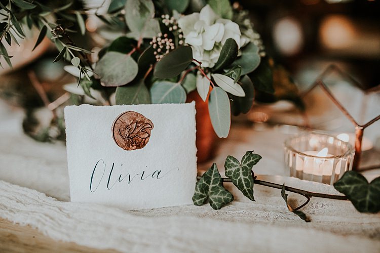 Calligraphy Place Name Card Modern Botanical Copper Geometric Wedding Ideas http://lolarosephotography.com/